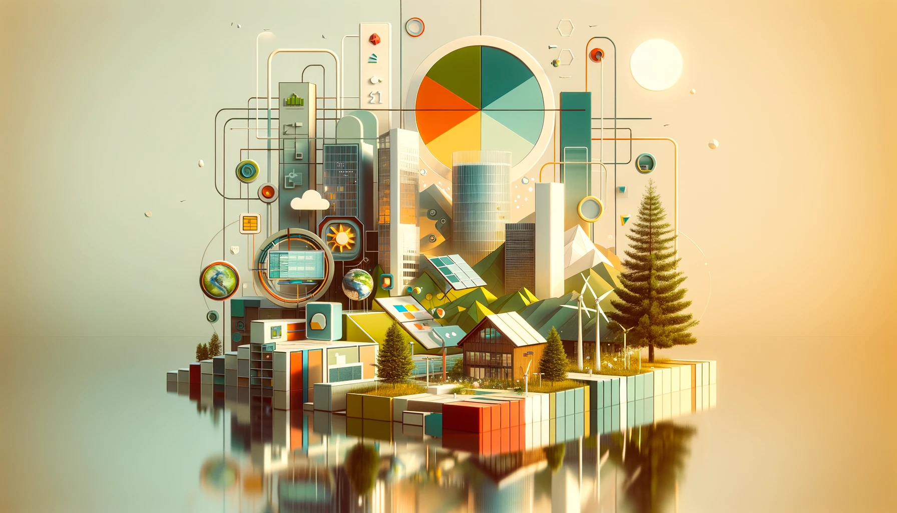 Stylized illustration of an abstract cityscape with colorful geometric shapes, graphs, and icons signifying technology and sustainability, reflecting in water.